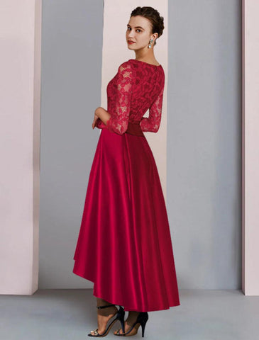 NumberSea - A - Line Mother of the Bride Dress Formal Fall Wedding Guest Party Elegant High Low Scoop Neck Asymmetrical Tea Length Satin Lace 3/4 Length Sleeve with Bow(s) Pleats