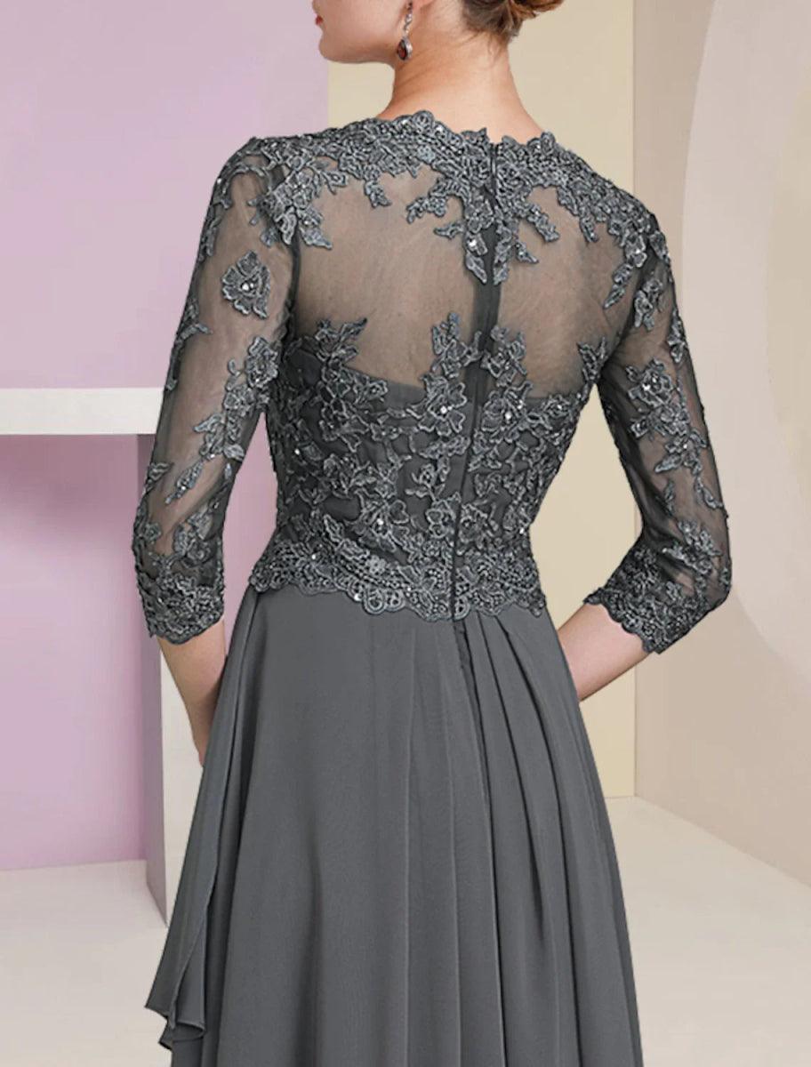 NumberSea - A - Line Mother of the Bride Dress Formal Luxurious Elegant V Neck Floor Length Chiffon Lace Half Sleeve with Pleats Beading Appliques