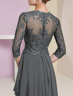NumberSea - A - Line Mother of the Bride Dress Formal Luxurious Elegant V Neck Floor Length Chiffon Lace Half Sleeve with Pleats Beading Appliques