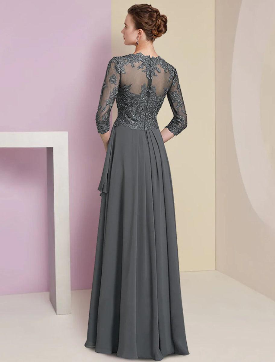 NumberSea - A - Line Mother of the Bride Dress Formal Luxurious Elegant V Neck Floor Length Chiffon Lace Half Sleeve with Pleats Beading Appliques