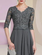 NumberSea - A - Line Mother of the Bride Dress Formal Luxurious Elegant V Neck Floor Length Chiffon Lace Half Sleeve with Pleats Beading Appliques