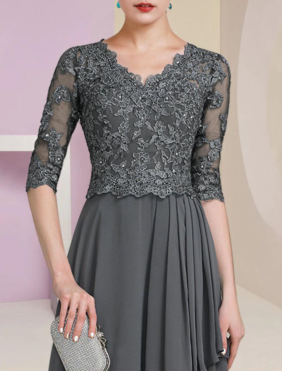 NumberSea - A - Line Mother of the Bride Dress Formal Luxurious Elegant V Neck Floor Length Chiffon Lace Half Sleeve with Pleats Beading Appliques