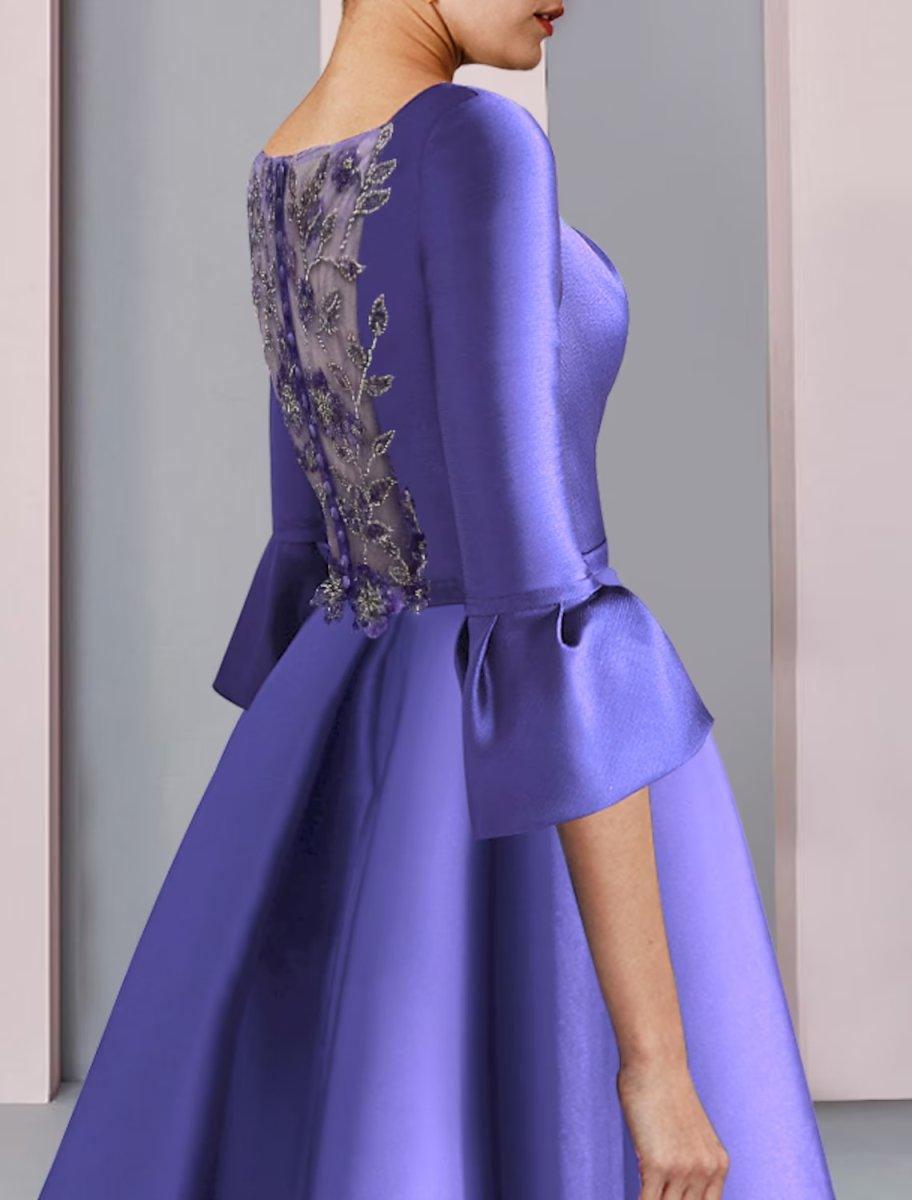 NumberSea - A - Line Mother of the Bride Dress Formal Party Elegant Scoop Neck Floor Length Satin 3/4 Length Sleeve with Bow(s) Pleats Embroidery