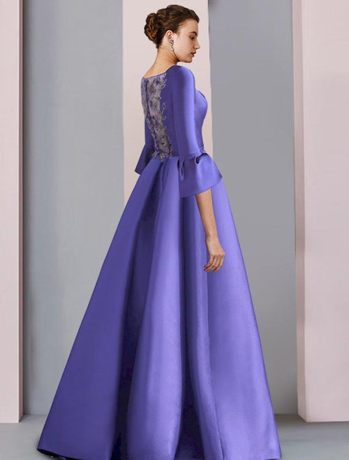 NumberSea - A - Line Mother of the Bride Dress Formal Party Elegant Scoop Neck Floor Length Satin 3/4 Length Sleeve with Bow(s) Pleats Embroidery