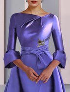 NumberSea - A - Line Mother of the Bride Dress Formal Party Elegant Scoop Neck Floor Length Satin 3/4 Length Sleeve with Bow(s) Pleats Embroidery