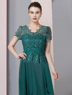 NumberSea - A - Line Mother of the Bride Dress Formal Party Sparkle & Shine Elegant V Neck Floor Length Chiffon Sequined Short Sleeve with Pleats Sequin