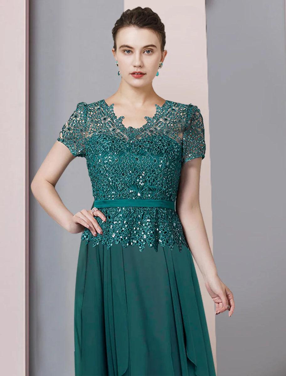 NumberSea - A - Line Mother of the Bride Dress Formal Party Sparkle & Shine Elegant V Neck Floor Length Chiffon Sequined Short Sleeve with Pleats Sequin