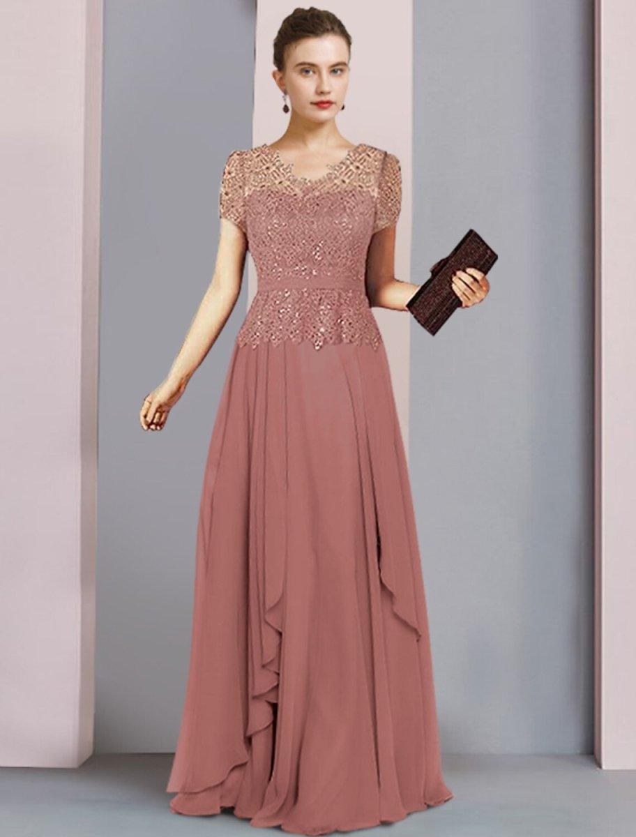 NumberSea - A - Line Mother of the Bride Dress Formal Party Sparkle & Shine Elegant V Neck Floor Length Chiffon Sequined Short Sleeve with Pleats Sequin