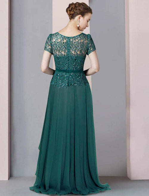 NumberSea - A - Line Mother of the Bride Dress Formal Party Sparkle & Shine Elegant V Neck Floor Length Chiffon Sequined Short Sleeve with Pleats Sequin