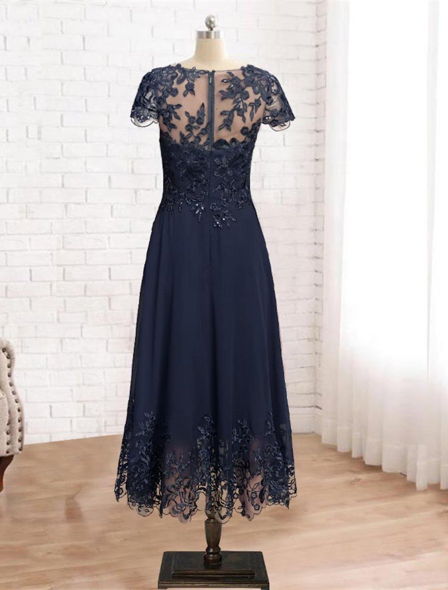 NumberSea - A - Line Mother of the Bride Dress Formal Vintage Elegant Scoop Neck Tea Length Lace 3/4 Length Sleeve with Sequin Appliques