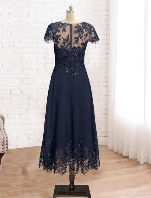 NumberSea - A - Line Mother of the Bride Dress Formal Vintage Elegant Scoop Neck Tea Length Lace 3/4 Length Sleeve with Sequin Appliques