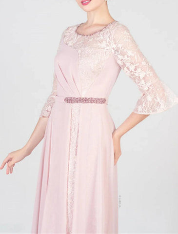 NumberSea - A - Line Mother of the Bride Dress Formal Wedding Guest Elegant Bateau Neck Scoop Neck Knee Length Chiffon Lace Half Sleeve with Crystals Appliques Solid Color
