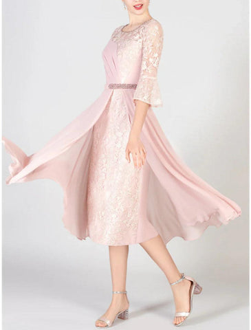 NumberSea - A - Line Mother of the Bride Dress Formal Wedding Guest Elegant Bateau Neck Scoop Neck Knee Length Chiffon Lace Half Sleeve with Crystals Appliques Solid Color