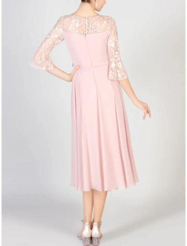 NumberSea - A - Line Mother of the Bride Dress Formal Wedding Guest Elegant Bateau Neck Scoop Neck Knee Length Chiffon Lace Half Sleeve with Crystals Appliques Solid Color