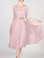 NumberSea - A - Line Mother of the Bride Dress Formal Wedding Guest Elegant Bateau Neck Scoop Neck Knee Length Chiffon Lace Half Sleeve with Crystals Appliques Solid Color