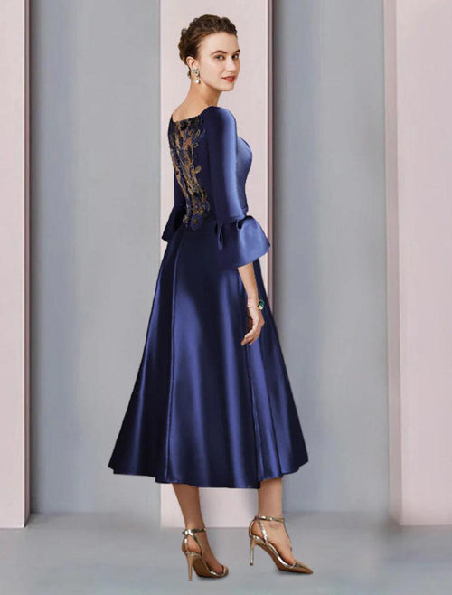 NumberSea - A - Line Mother of the Bride Dress Formal Wedding Guest Elegant Bateau Neck Tea Length Satin 3/4 Length Sleeve with Pleats Beading