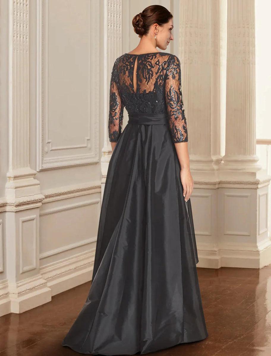 NumberSea - A - Line Mother of the Bride Dress Formal Wedding Guest Elegant Black Dress Jewel Neck Asymmetrical Lace Italy Satin 3/4 Length Sleeve with Lace Bow(s) Sequin
