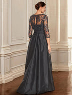 NumberSea - A - Line Mother of the Bride Dress Formal Wedding Guest Elegant Black Dress Jewel Neck Asymmetrical Lace Italy Satin 3/4 Length Sleeve with Lace Bow(s) Sequin