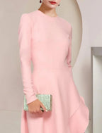 NumberSea - A - Line Mother of the Bride Dress Formal Wedding Guest Elegant High Low Scoop Neck Asymmetrical Ankle Length Stretch Fabric Long Sleeve with Ruffles