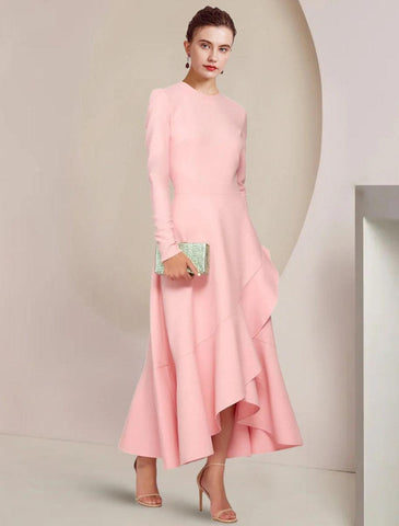 NumberSea - A - Line Mother of the Bride Dress Formal Wedding Guest Elegant High Low Scoop Neck Asymmetrical Ankle Length Stretch Fabric Long Sleeve with Ruffles