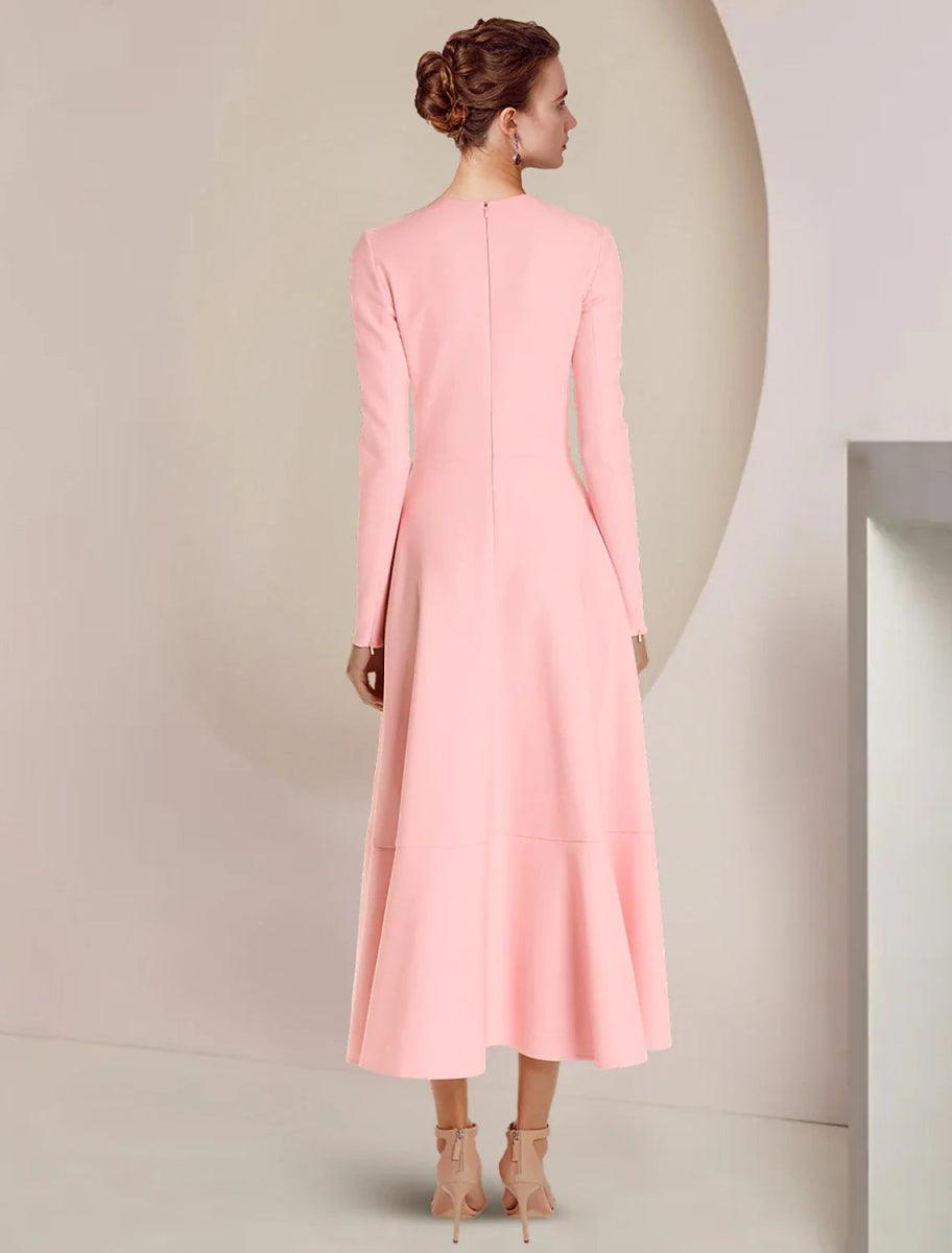 NumberSea - A - Line Mother of the Bride Dress Formal Wedding Guest Elegant High Low Scoop Neck Asymmetrical Ankle Length Stretch Fabric Long Sleeve with Ruffles