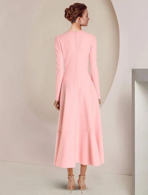 NumberSea - A - Line Mother of the Bride Dress Formal Wedding Guest Elegant High Low Scoop Neck Asymmetrical Ankle Length Stretch Fabric Long Sleeve with Ruffles