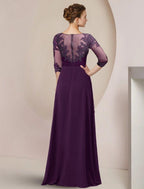 NumberSea - A - Line Mother of the Bride Dress Formal Wedding Guest Elegant High Low Scoop Neck Asymmetrical Floor Length Chiffon Lace 3/4 Length Sleeve with Beading Sequin Appliques