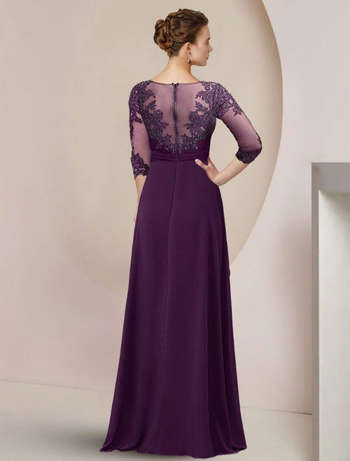 NumberSea - A - Line Mother of the Bride Dress Formal Wedding Guest Elegant High Low Scoop Neck Asymmetrical Floor Length Chiffon Lace 3/4 Length Sleeve with Beading Sequin Appliques