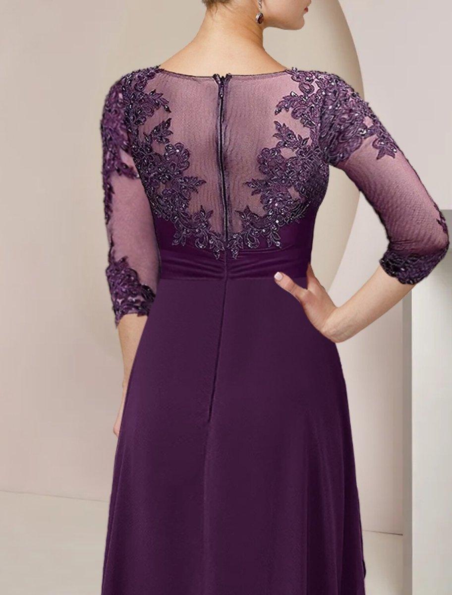 NumberSea - A - Line Mother of the Bride Dress Formal Wedding Guest Elegant High Low Scoop Neck Asymmetrical Floor Length Chiffon Lace 3/4 Length Sleeve with Beading Sequin Appliques