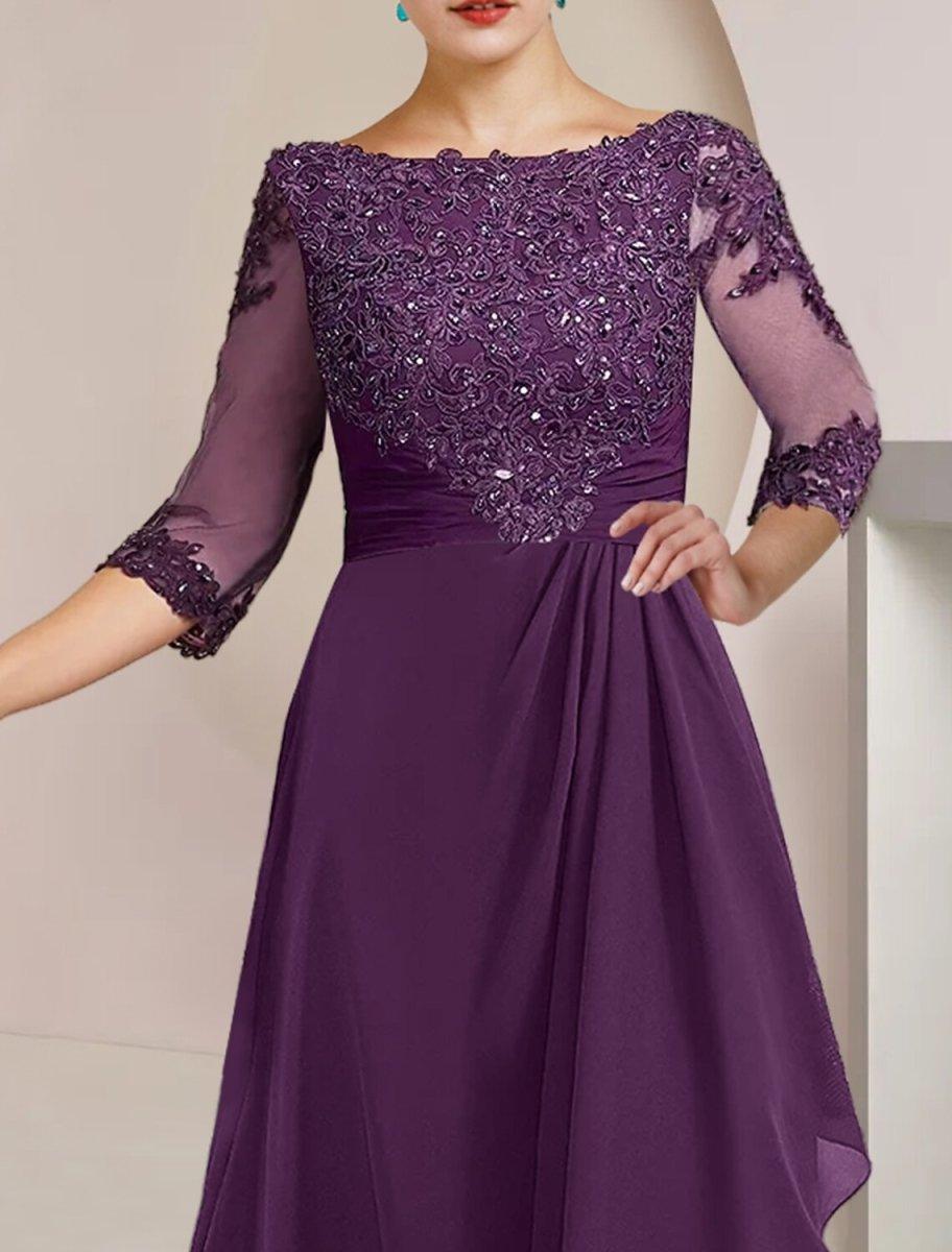NumberSea - A - Line Mother of the Bride Dress Formal Wedding Guest Elegant High Low Scoop Neck Asymmetrical Floor Length Chiffon Lace 3/4 Length Sleeve with Beading Sequin Appliques