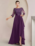 NumberSea - A - Line Mother of the Bride Dress Formal Wedding Guest Elegant High Low Scoop Neck Asymmetrical Floor Length Chiffon Lace 3/4 Length Sleeve with Beading Sequin Appliques