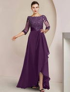 NumberSea - A - Line Mother of the Bride Dress Formal Wedding Guest Elegant High Low Scoop Neck Asymmetrical Floor Length Chiffon Lace 3/4 Length Sleeve with Beading Sequin Appliques