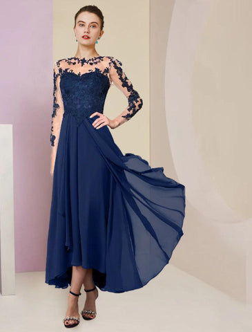 NumberSea - A - Line Mother of the Bride Dress Formal Wedding Guest Elegant High Low Scoop Neck Asymmetrical Tea Length Chiffon Lace 3/4 Length Sleeve with Pleats Appliques