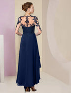 NumberSea - A - Line Mother of the Bride Dress Formal Wedding Guest Elegant High Low Scoop Neck Asymmetrical Tea Length Chiffon Lace 3/4 Length Sleeve with Pleats Appliques