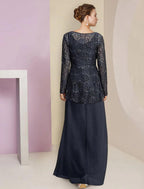 NumberSea - A - Line Mother of the Bride Dress Formal Wedding Guest Elegant High Low Scoop Neck Asymmetrical Tea Length Chiffon Lace Long Sleeve with Pleats Ruched