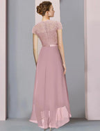 NumberSea - A - Line Mother of the Bride Dress Formal Wedding Guest Elegant High Low Scoop Neck Asymmetrical Tea Length Chiffon Lace Short Sleeve with Pleats