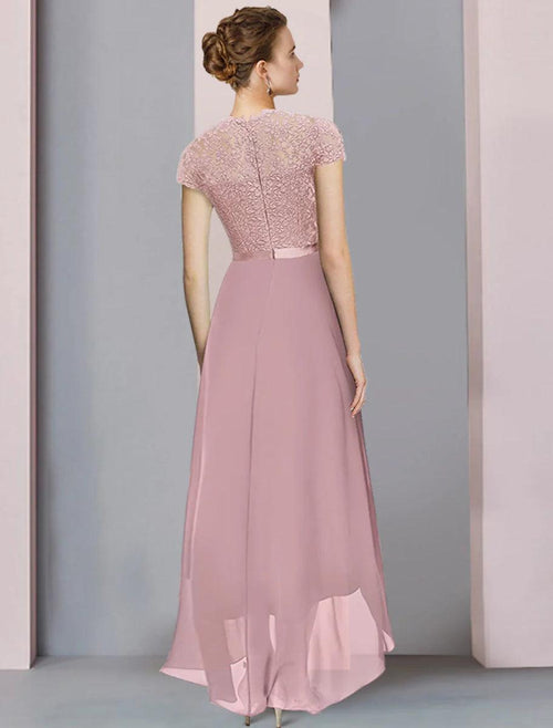 NumberSea - A - Line Mother of the Bride Dress Formal Wedding Guest Elegant High Low Scoop Neck Asymmetrical Tea Length Chiffon Lace Short Sleeve with Pleats