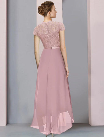 NumberSea - A - Line Mother of the Bride Dress Formal Wedding Guest Elegant High Low Scoop Neck Asymmetrical Tea Length Chiffon Lace Short Sleeve with Pleats