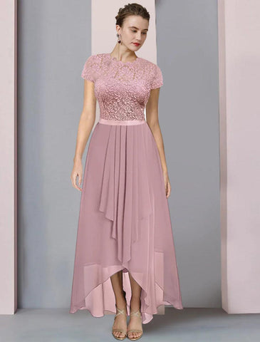 NumberSea - A - Line Mother of the Bride Dress Formal Wedding Guest Elegant High Low Scoop Neck Asymmetrical Tea Length Chiffon Lace Short Sleeve with Pleats