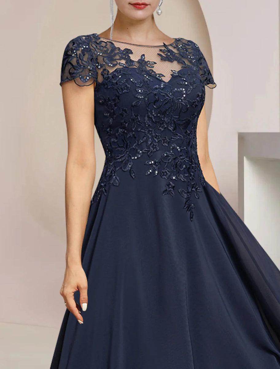 NumberSea - A - Line Mother of the Bride Dress Formal Wedding Guest Elegant High Low Scoop Neck Asymmetrical Tea Length Chiffon Lace Short Sleeve with Sequin Appliques