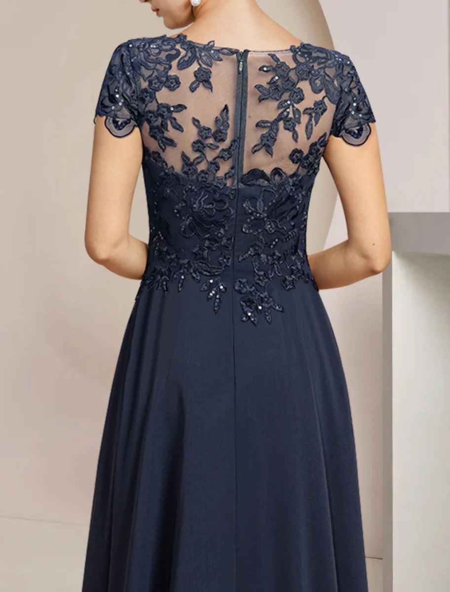 NumberSea - A - Line Mother of the Bride Dress Formal Wedding Guest Elegant High Low Scoop Neck Asymmetrical Tea Length Chiffon Lace Short Sleeve with Sequin Appliques