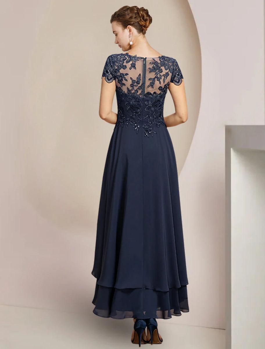 NumberSea - A - Line Mother of the Bride Dress Formal Wedding Guest Elegant High Low Scoop Neck Asymmetrical Tea Length Chiffon Lace Short Sleeve with Sequin Appliques