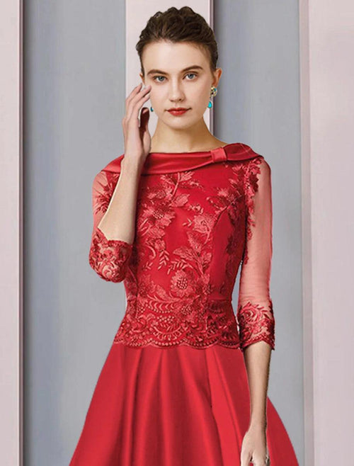NumberSea - A - Line Mother of the Bride Dress Formal Wedding Guest Elegant High Low Scoop Neck Asymmetrical Tea Length Satin Lace 3/4 Length Sleeve with Appliques Ruching