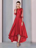 NumberSea - A - Line Mother of the Bride Dress Formal Wedding Guest Elegant High Low Scoop Neck Asymmetrical Tea Length Satin Lace 3/4 Length Sleeve with Appliques Ruching
