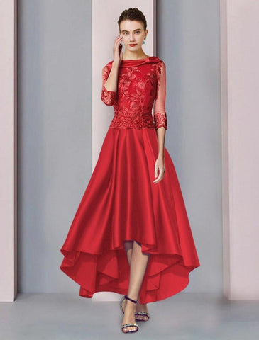 NumberSea - A - Line Mother of the Bride Dress Formal Wedding Guest Elegant High Low Scoop Neck Asymmetrical Tea Length Satin Lace 3/4 Length Sleeve with Appliques Ruching