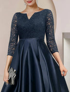 NumberSea - A - Line Mother of the Bride Dress Formal Wedding Guest Elegant High Low Scoop Neck Asymmetrical Tea Length Satin Lace 3/4 Length Sleeve with Pleats Beading
