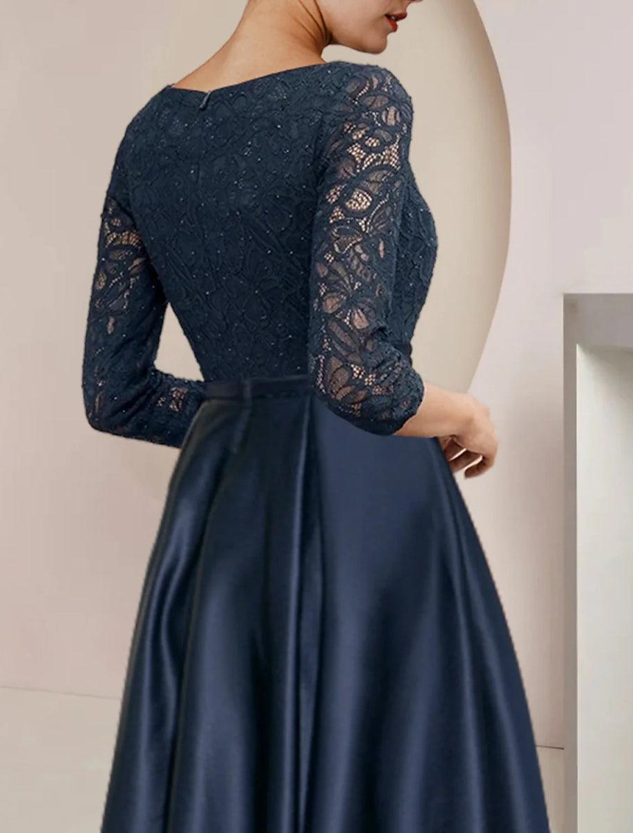 NumberSea - A - Line Mother of the Bride Dress Formal Wedding Guest Elegant High Low Scoop Neck Asymmetrical Tea Length Satin Lace 3/4 Length Sleeve with Pleats Beading