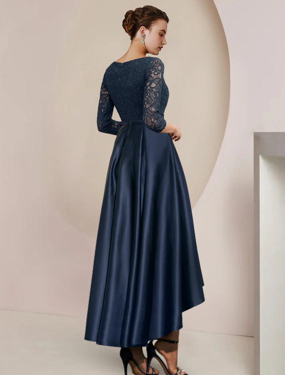 NumberSea - A - Line Mother of the Bride Dress Formal Wedding Guest Elegant High Low Scoop Neck Asymmetrical Tea Length Satin Lace 3/4 Length Sleeve with Pleats Beading
