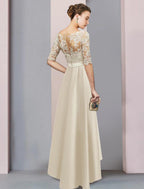 NumberSea - A - Line Mother of the Bride Dress Formal Wedding Guest Elegant High Low Scoop Neck Asymmetrical Tea Length Satin Lace Half Sleeve with Bow(s) Appliques