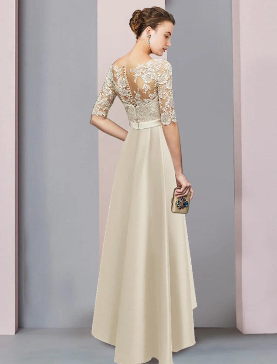 NumberSea - A - Line Mother of the Bride Dress Formal Wedding Guest Elegant High Low Scoop Neck Asymmetrical Tea Length Satin Lace Half Sleeve with Bow(s) Appliques